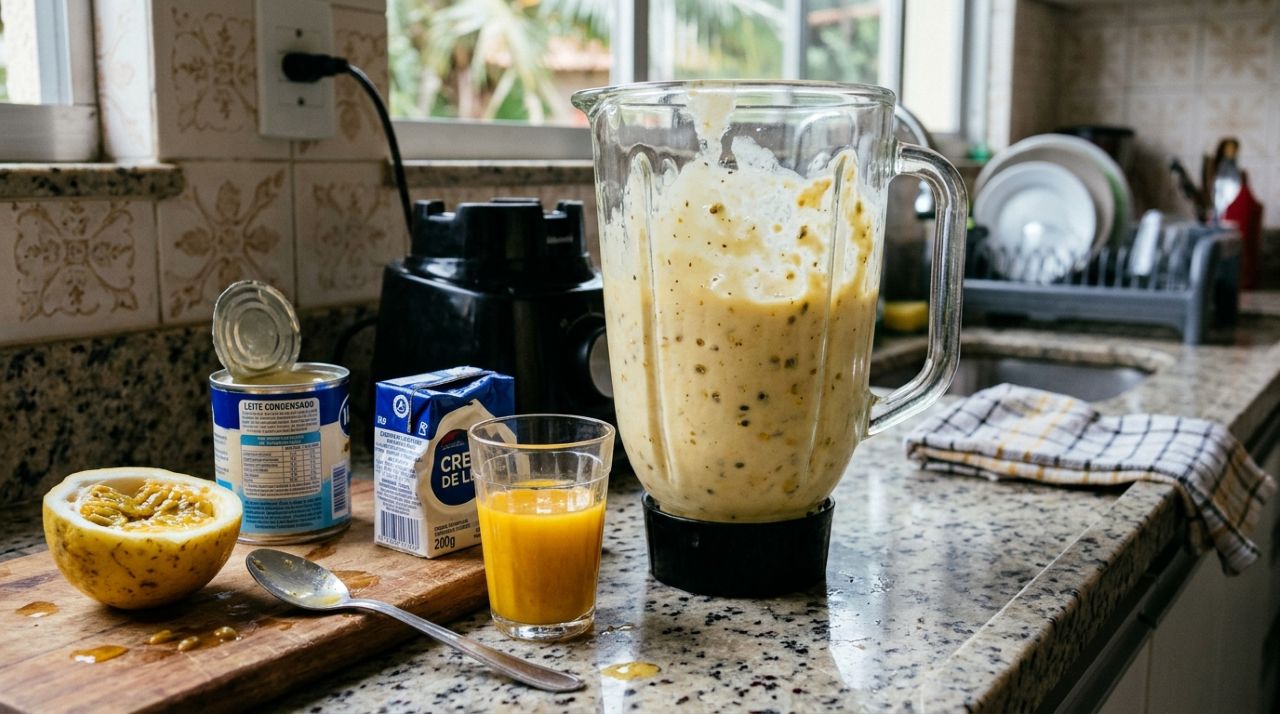 Misture 395 g de leite condensado, 200 g de creme de leite e 200 ml de suco de maracujá para preparar uma sobremesa cremosa sem forno ​
