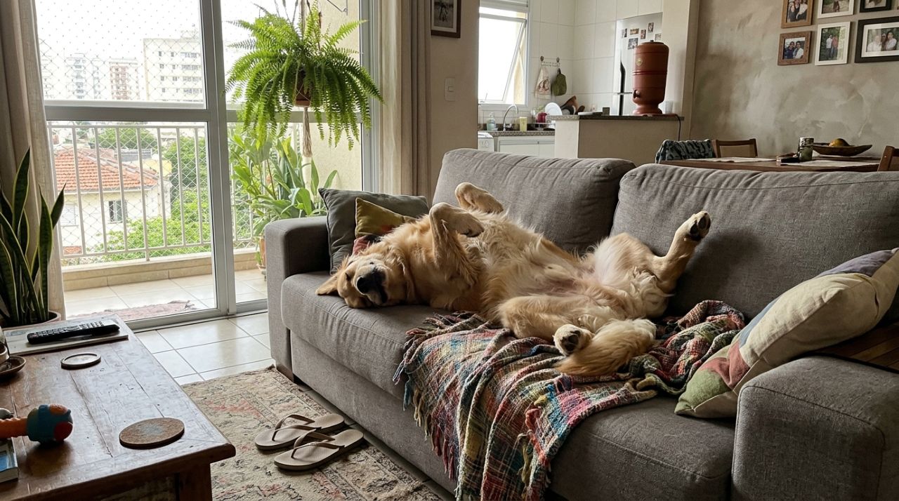 Veterinário explica: o cachorro que dorme de barriga para cima pode não estar apenas procurando uma posição confortável, mas mostrando o quanto se sente seguro dentro de casa