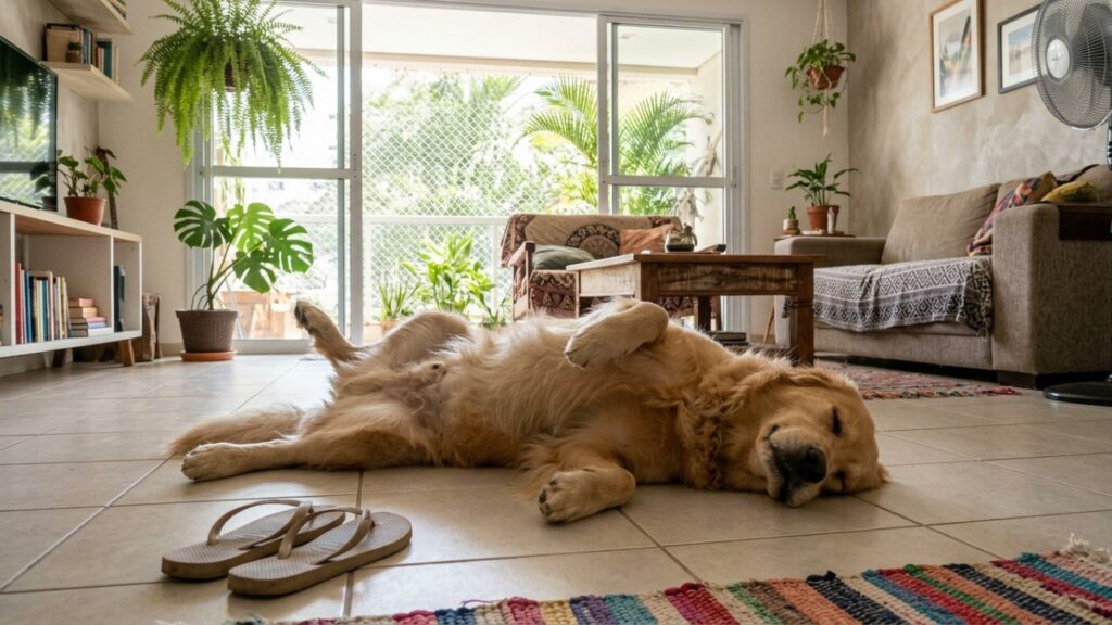 Veterinários explicam: “Quando um cachorro dorme de barriga para cima, ele pode não estar apenas tentando se refrescar, mas mostrando que consegue relaxar profundamente no lugar onde está”