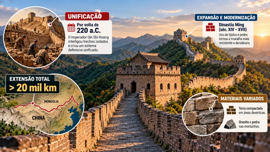 Construída na Antiguidade, a Grande Muralha da China atravessou guerras, dinastias e séculos de expansão territorial, deixou de cumprir sua antiga função defensiva e continua como uma das obras históricas mais impressionantes do mundo, com milhares de quilômetros de estruturas e uma história ligada à proteção das fronteiras chinesas