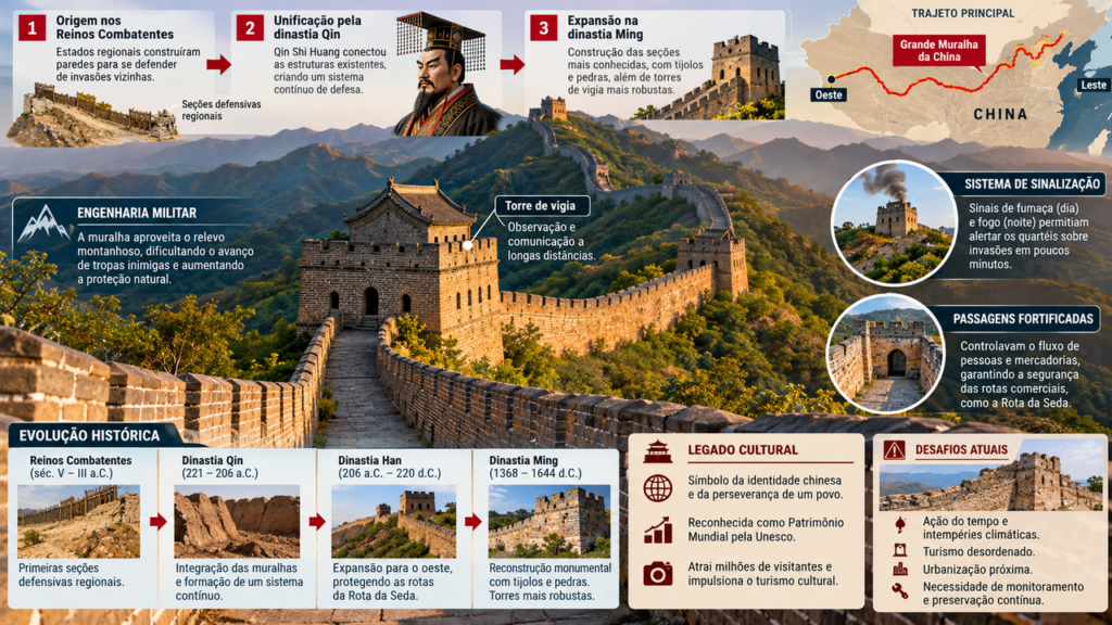Construída por volta de 300 a.C., a Grande Muralha da China atravessou mais de 2.000 anos de história, recebeu novas fortificações durante diferentes dinastias e manteve seus grandes trechos de muralha como uma das principais marcas da China antiga