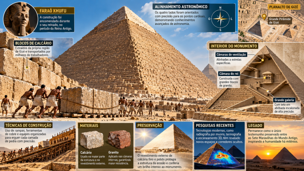 Construída há mais de 4.500 anos, a Grande Pirâmide de Gizé atravessou o surgimento e a queda de civilizações, enfrentou terremotos e mudanças no Egito e ainda impressiona o mundo com sua engenharia monumental