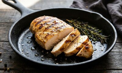 Chefs de cozinha afirmam: “Para o peito de frango ficar suculento e não ressecar na frigideira, não deixe a carne cozinhar por tempo demais, mas retire do fogo assim que atingir o ponto correto”