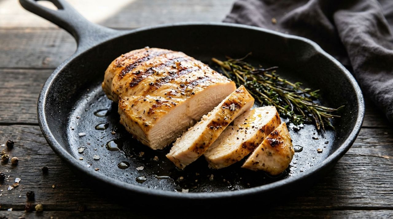 Chefs de cozinha afirmam: “Para o peito de frango ficar suculento e não ressecar na frigideira, não deixe a carne cozinhar por tempo demais, mas retire do fogo assim que atingir o ponto correto”