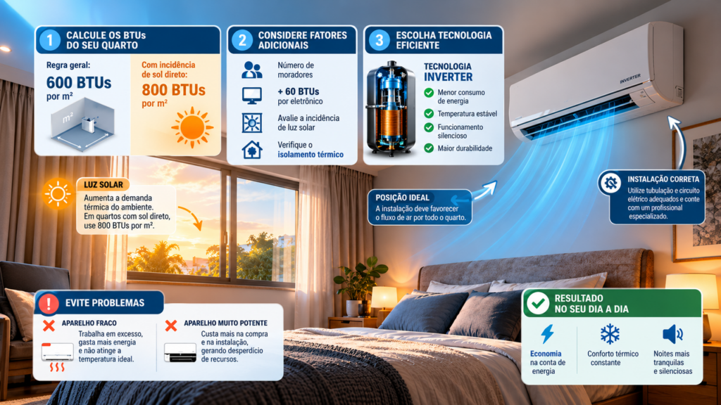 Morador instala um ar-condicionado no quarto para enfrentar os dias mais quentes e descobre qual é a capacidade em BTUs necessária para refrigerar o ambiente corretamente sem aumentar desnecessariamente o consumo de energia