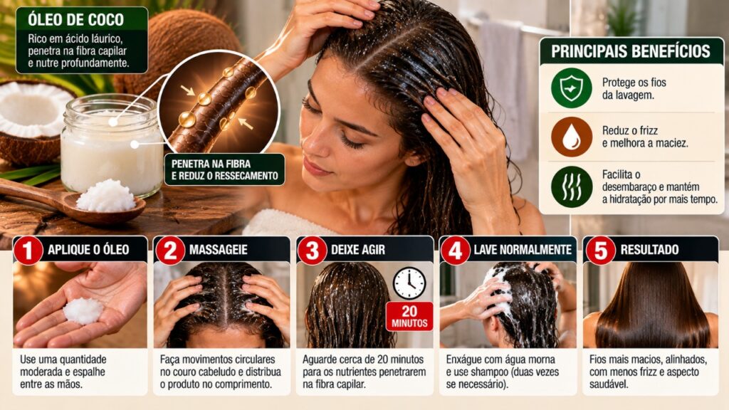 Massagear o couro cabeludo com óleo de coco: para que serve o produto e por que deixar agir por alguns minutos antes de lavar pode ajudar a reduzir o ressecamento dos fios e melhorar a sensação de maciez