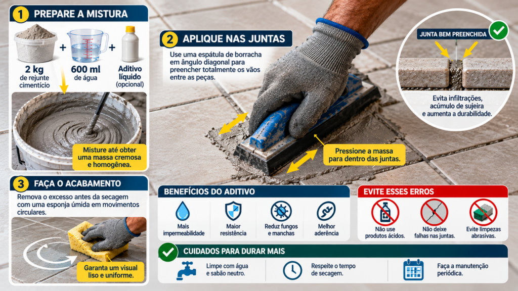 Profissionais de construção revelam mistura com 2 kg de rejunte, 600 ml de água e 100 ml de aditivo para preencher juntas de pisos e melhorar o acabamento do revestimento