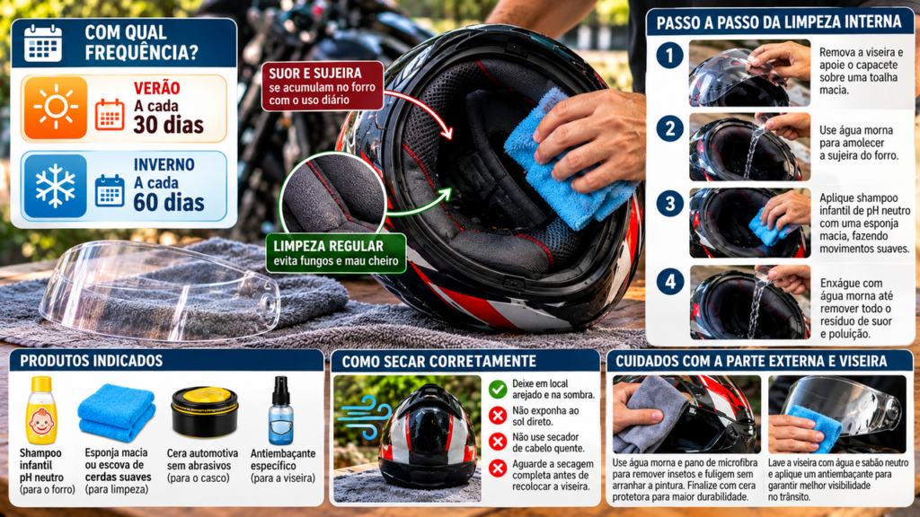 O truque caseiro que pode ajudar a limpar o capacete da moto por dentro e deixar o revestimento mais higienizado, conservado e sem aquele acúmulo de suor que aparece depois de muito tempo de uso