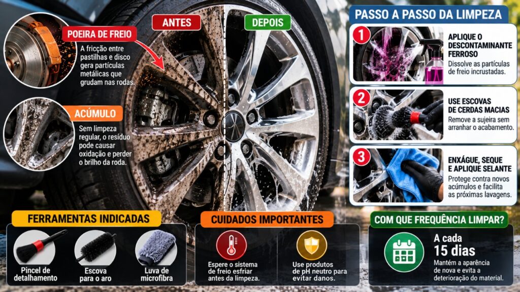 Motorista encontra manchas difíceis de remover nas rodas depois de circular por ruas movimentadas e descobre como limpar a poeira dos freios sem riscar o acabamento nem comprometer a aparência das peças