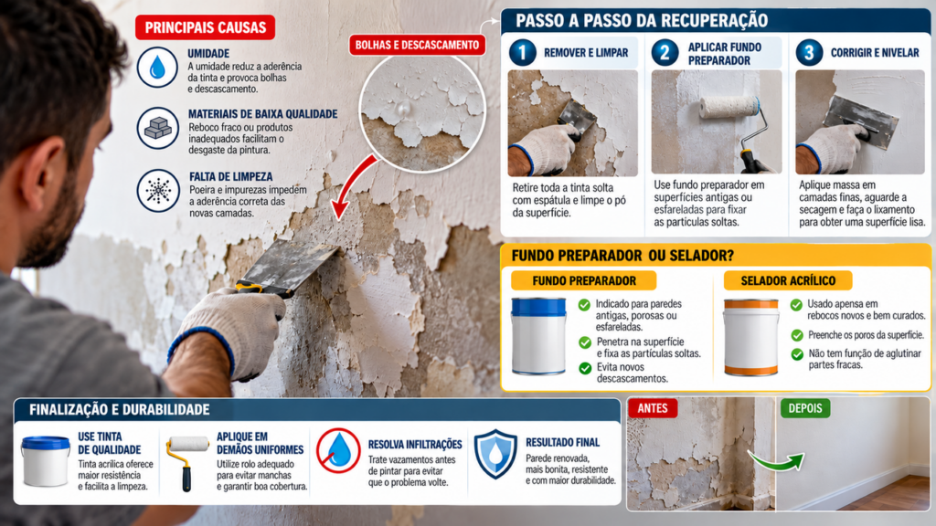 Paredes descascadas não precisam de uma reforma completa: veja como preparar a superfície e aplicar os produtos certos para recuperar a pintura e transformar a aparência da casa