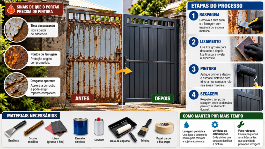 Antes de trocar o portão enferrujado, veja esta alternativa: preparação e pintura podem renovar a entrada da casa e transformar completamente a fachada sem precisar comprar uma estrutura nova