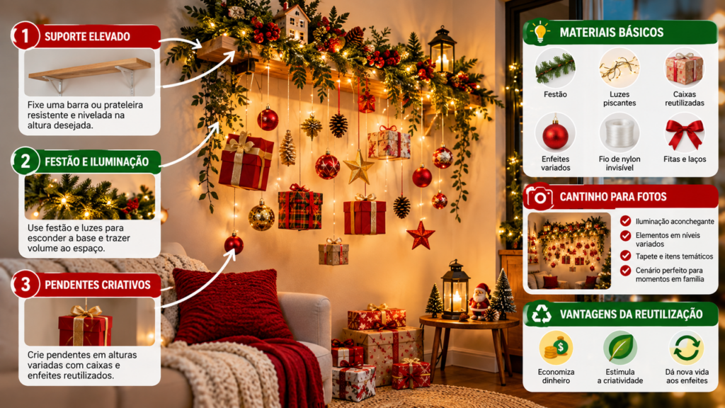Aquela parede sem graça pode virar o destaque do Natal: veja como criar um cantinho natalino lindo, aconchegante e cheio de charme sem gastar uma fortuna