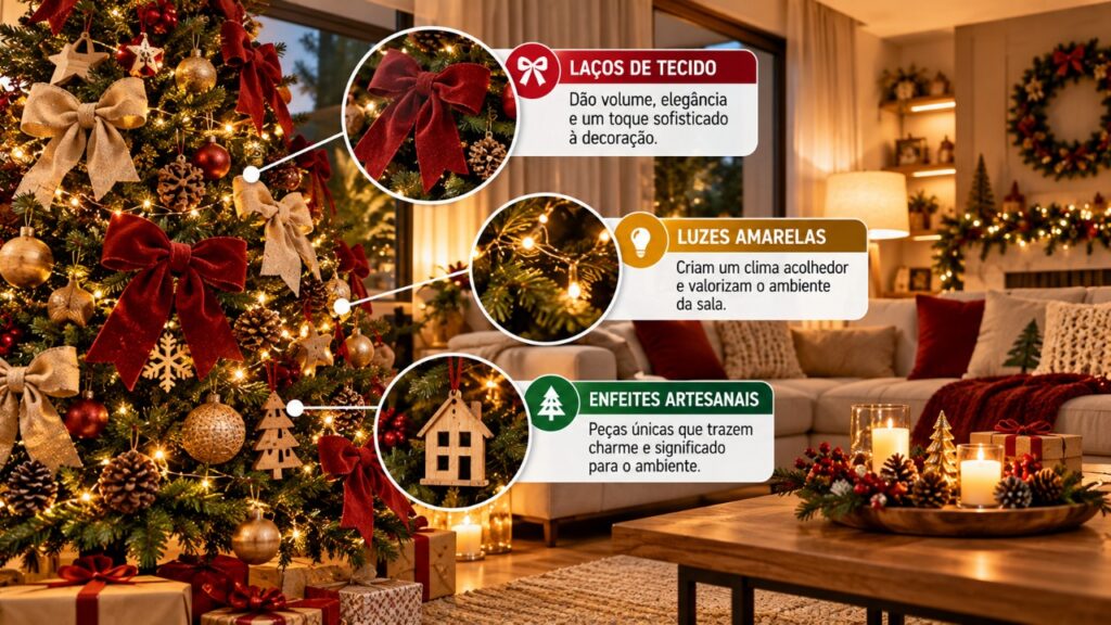 Família decide mudar a decoração da árvore de Natal, deixa de lado as tradicionais bolas coloridas e aposta em laços grandes de tecido, enfeites artesanais e luzes amarelas para transformar a sala em um ambiente mais elegante, acolhedor e moderno durante as festas de fim de ano