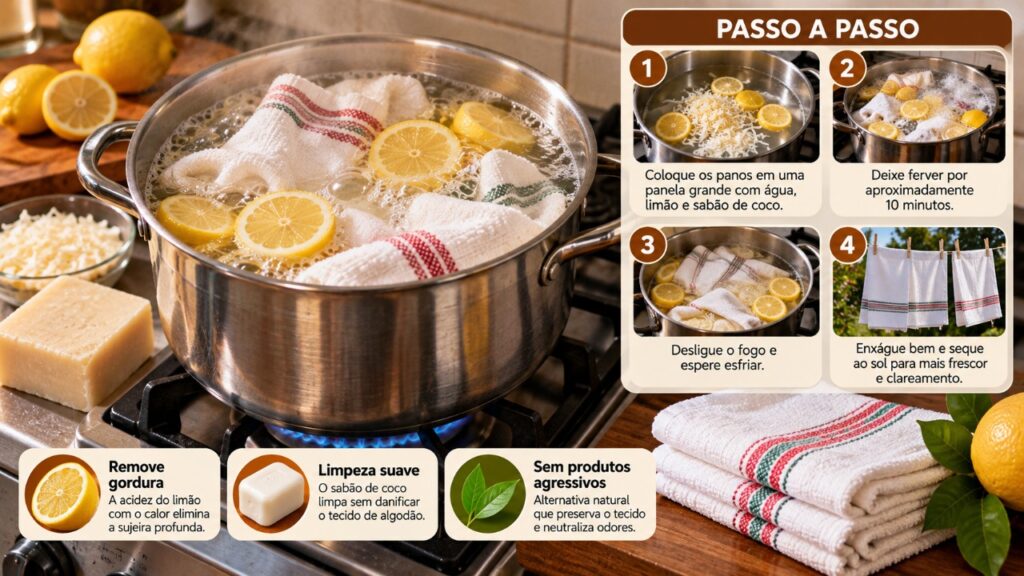 Profissional de limpeza explica por que ferver panos de prato encardidos com limão e sabão natural pode ser uma alternativa à lavagem comum e chama atenção para um cuidado que muita gente ignora na hora de limpar os tecidos