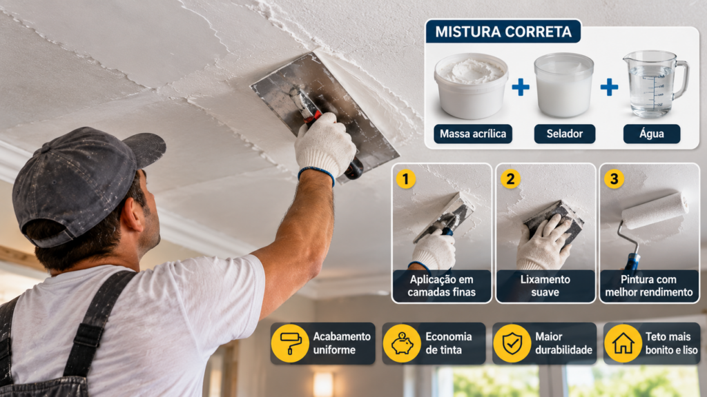 Pintores ensinam mistura com 2 kg de massa acrílica, 400 ml de selador e 250 ml de água para preparar o teto antes da pintura