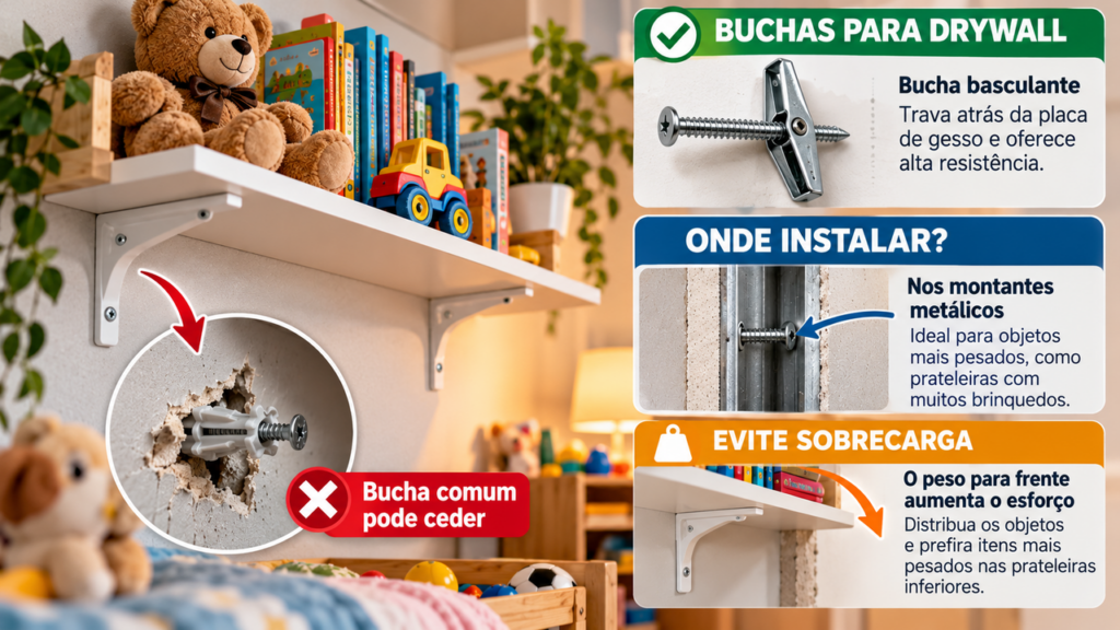 Pai fixa prateleira de brinquedos na parede de drywall e um pedreiro explica por que ela pode vir abaixo com o peso
