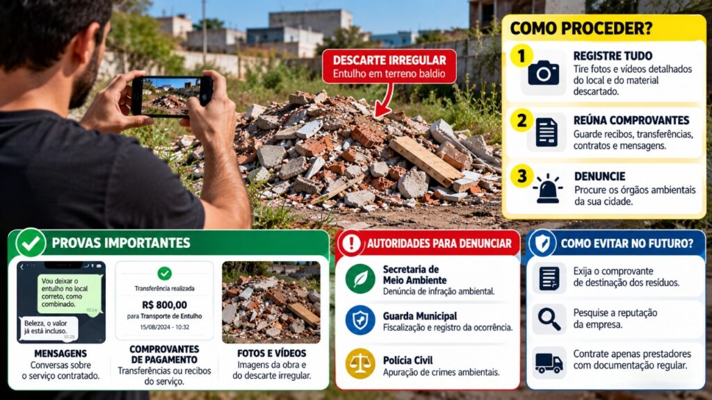 Morador paga R$ 1.200 para uma empresa retirar o entulho acumulado durante a demolição de uma garagem, mas encontra os mesmos resíduos espalhados em um terreno baldio próximo e descobre quais provas podem ajudar a responsabilizar os envolvidos pelo descarte inadequado