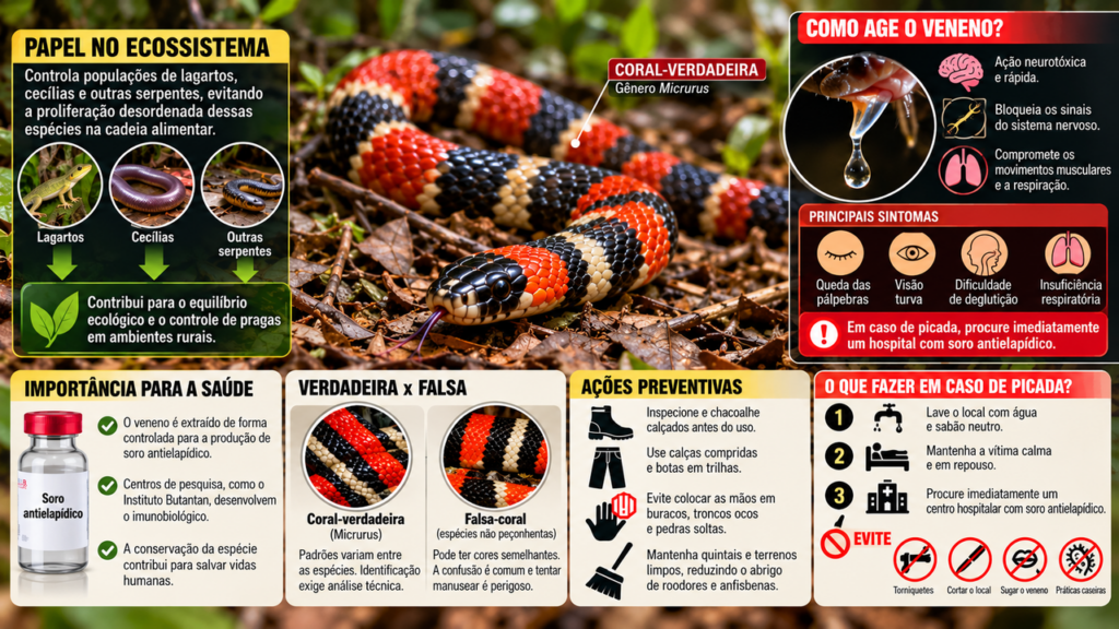 Muita gente mata a cobra-coral por medo, mas poucos sabem o papel que ela desempenha ao controlar roedores, lagartos e outros animais que fazem parte do ecossistema