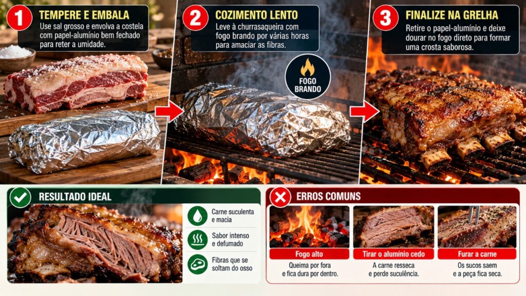 Os churrasqueiros experientes concordam: "Para a costela assada ficar macia e suculenta, não aumente a temperatura, mas sim mantenha a carne coberta com papel-alumínio durante boa parte do preparo"