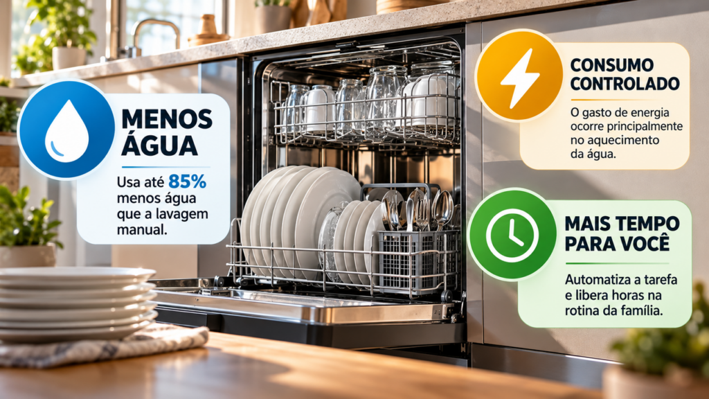 Família coloca uma lava-louças na cozinha para economizar tempo nas tarefas domésticas e descobre quanto o aparelho pode consumir de água e energia quando utilizado diariamente