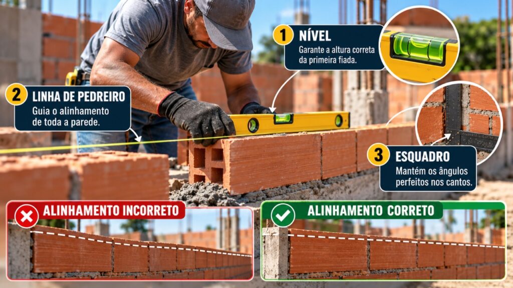 Antes de levantar uma parede de tijolos, pedreiros precisam observar um detalhe na primeira fiada que influencia o alinhamento de toda a construção e pode evitar retrabalho