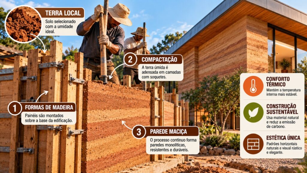 A técnica de construir paredes com solo compactado atravessou séculos e continua sendo utilizada em projetos que aproveitam a terra como material construtivo