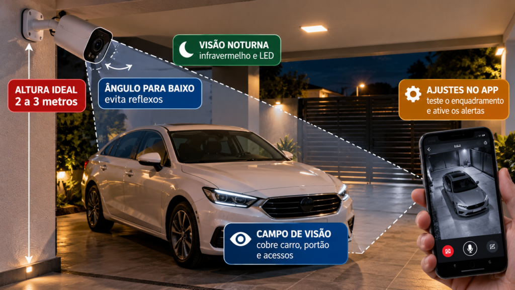 Morador instala uma câmera de segurança na garagem para vigiar o carro durante a noite e descobre como a altura, o ângulo e a iluminação podem fazer toda a diferença para identificar quem se aproxima