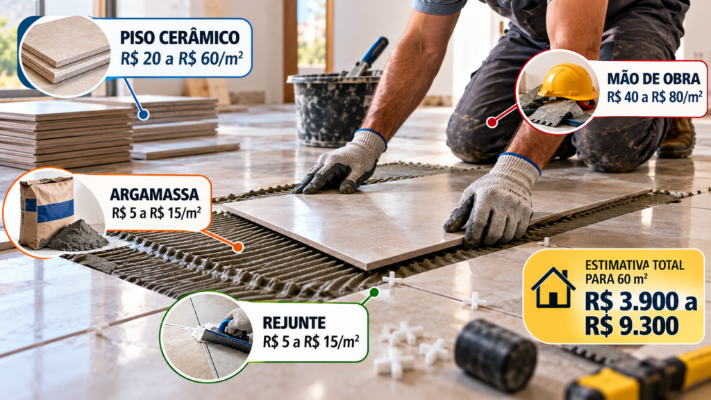 Profissionais da construção explicam quanto custa colocar piso cerâmico em uma casa de 60 metros quadrados e mostram como o preço dos revestimentos, da argamassa e da mão de obra influencia o valor total da reforma
