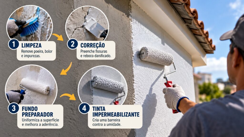 Antes de aplicar tinta impermeabilizante no telhado ou na parede, pedreiros explicam por que preparar a superfície é essencial para evitar que a pintura descasque