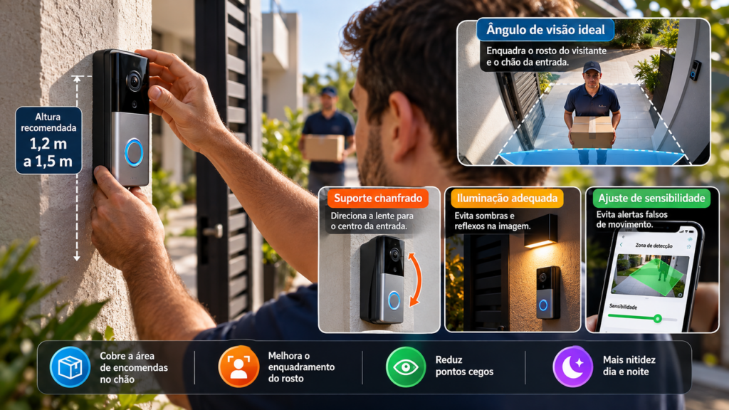 Morador instala uma campainha com câmera na entrada para acompanhar quem chega e descobre como posicionar o equipamento para evitar pontos cegosAjustar a iluminação externa e configurar a sensibilidade dos sensores melhoram a eficiência do monitoramento patrimonial. - Imagem ilustrativa criada por inteligência artificial.