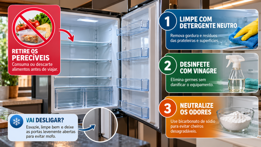 Dono de casa desliga a geladeira antes de viajar para economizar energia e descobre quais alimentos precisam ser retirados e quais cuidados evitam mau cheiro e contaminação quando o aparelho fica sem funcionar