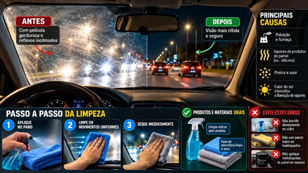 Quem tem carro precisa conhecer este cuidado na hora de lavar os vidros por dentro para eliminar aquela película gordurosa que atrapalha a visão e faz o para-brisa parecer embaçado mesmo em dias ensolarados