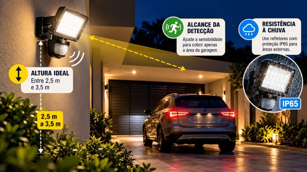 Dono de casa instala refletores com sensores de movimento na garagem para melhorar a segurança durante a noite e descobre como a altura da instalação, o alcance dos sensores e a resistência à chuva fazem diferença no funcionamento do sistema