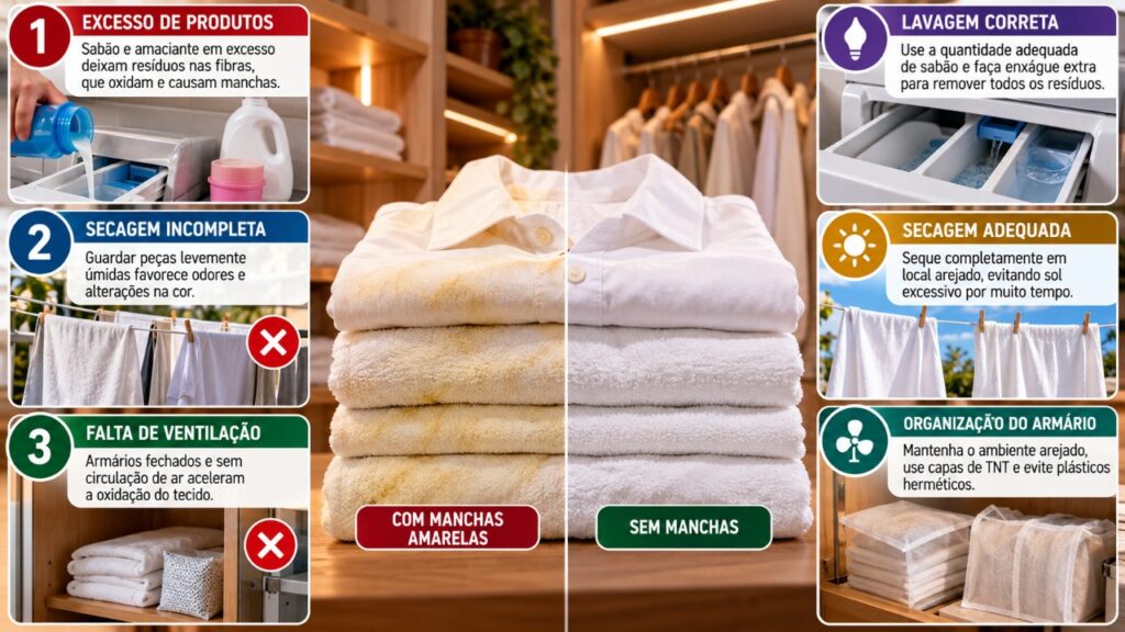 O que significa quando as roupas brancas ficam amareladas no armário, mesmo depois de lavadas cuidadosamente, e quais erros na lavagem, na secagem e no armazenamento podem alterar a aparência dos tecidos