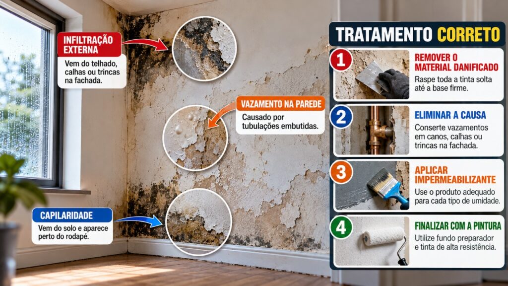 Pedreiro revela como identificar a origem das manchas de umidade na parede e explica qual tratamento pode impedir que a pintura descasque novamente poucos meses depois da reforma