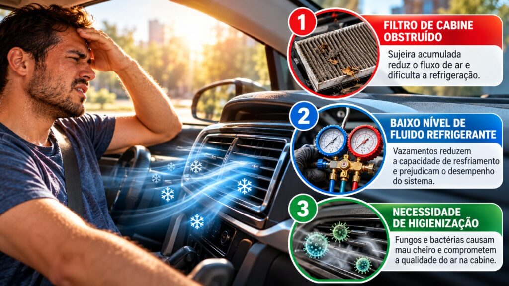 Motorista percebe que o ar-condicionado do carro demora para gelar mesmo na potência máxima e descobre como o filtro de cabine sujo, a falta de manutenção e os problemas no sistema podem comprometer o conforto durante os dias mais quentes