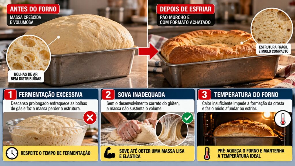 Pão caseiro cresce bonito dentro do forno, mas murcha logo depois de sair, e um erro na fermentação pode explicar por que a massa perdeu o volume e ficou pesada por dentro