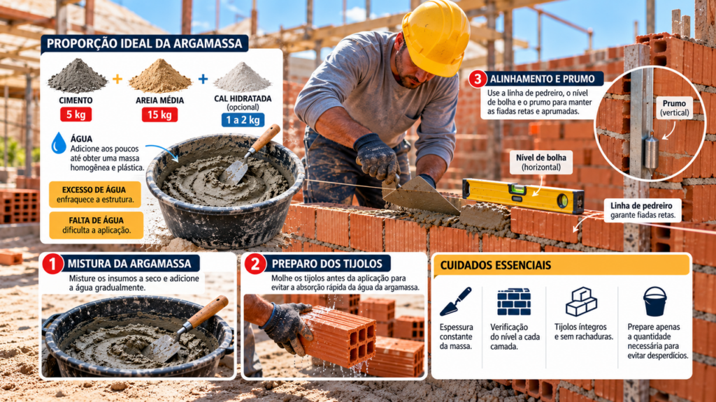 Profissionais de construção explicam mistura com 5 kg de cimento, 15 kg de areia e água na proporção adequada para assentar tijolos e manter o alinhamento das paredes durante a obra