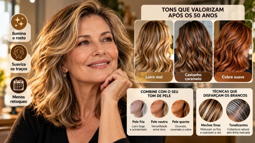 Depois dos 50 anos, mulheres descobrem que escolher tons de cabelo que combinam com a pele pode iluminar o rosto, disfarçar os fios brancos e suavizar a aparência das marcas de expressão sem depender de retoques frequentes no salão