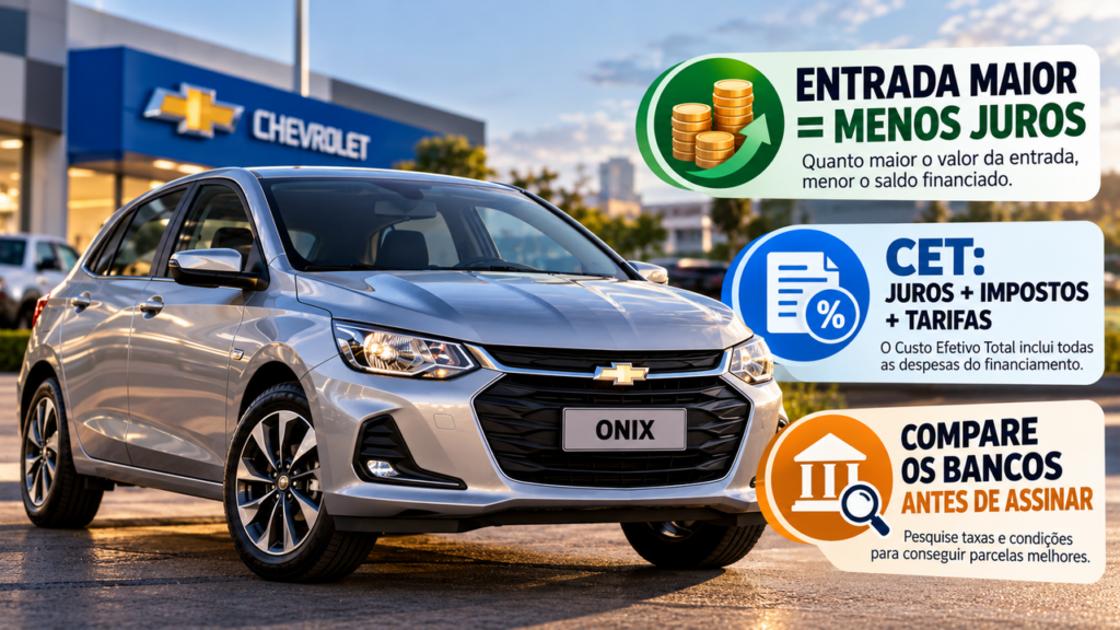 Chevrolet Onix surge com parcelas de aproximadamente R$ 1.100 por mês, mas o valor da entrada e as condições de financiamento podem mudar completamente o custo da compra