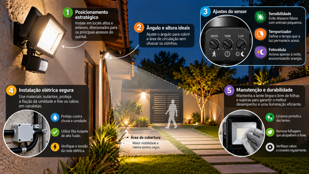 Morador instala uma iluminação com sensor de presença no quintal para aumentar a segurança e descobre como posicionar as lâmpadas para eliminar áreas escuras
