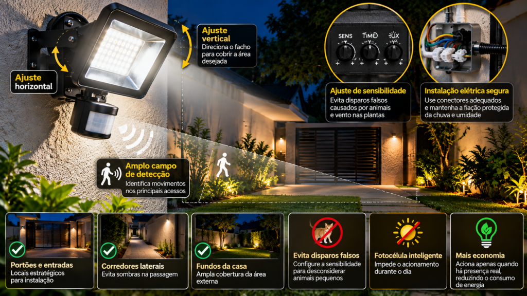 Morador coloca refletor com sensor no quintal para iluminar a entrada e descobre como posicionar o equipamento para cobrir uma área maior