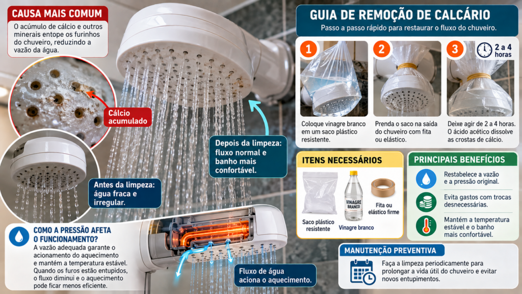 Morador instala um chuveiro eletrônico no banheiro para controlar melhor a temperatura e descobre a vazão mínima necessária para garantir o funcionamento correto do equipamento durante o banho