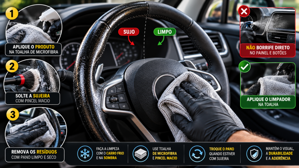 Especialista em estética automotiva revela o jeito certo de limpar o volante do carro, remover sujeira acumulada e preservar o revestimento sem desgastar o acabamento