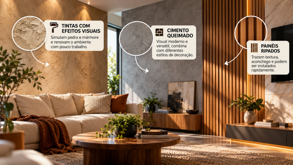 Adeus, parede pintada de branco: revestimentos decorativos estão transformando salas e quartos com texturas, efeitos visuais e alternativas para renovar o ambiente sem grandes mudanças estruturais