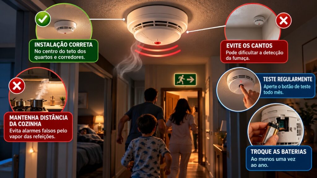 Morador instala sensores de fumaça nos quartos e corredores para detectar incêndios durante a noite e descobre como a altura do equipamento, a distância da cozinha e os testes periódicos interferem na identificação dos primeiros sinais de fumaça