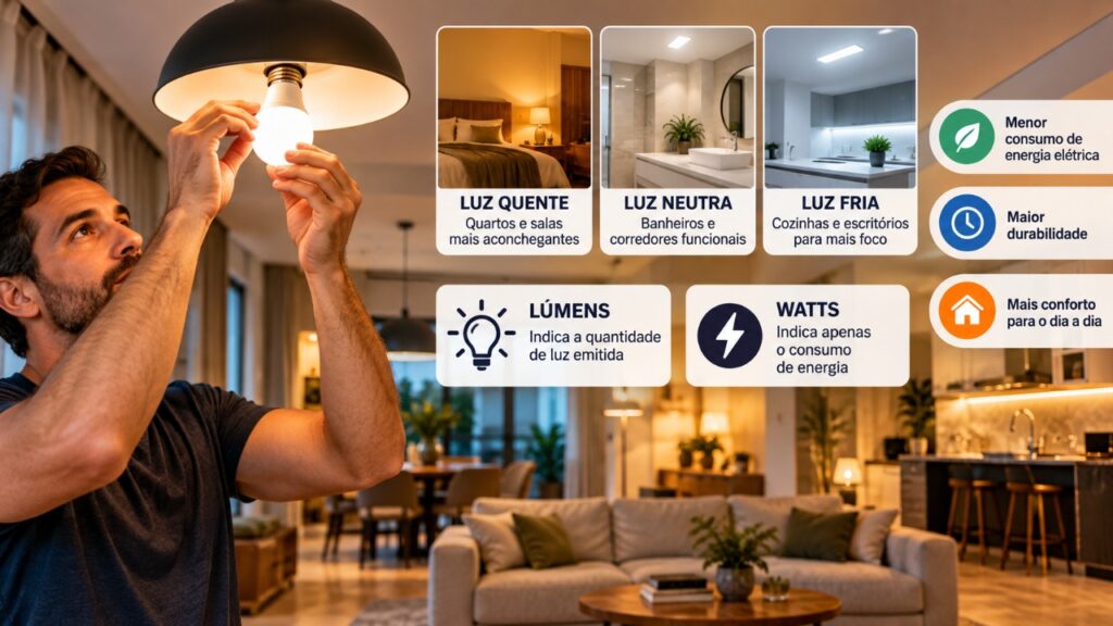Família substitui as lâmpadas comuns por modelos de LED durante a reforma da casa e descobre como a iluminação escolhida, as horas de uso e a potência das lâmpadas podem alterar o conforto dos ambientes