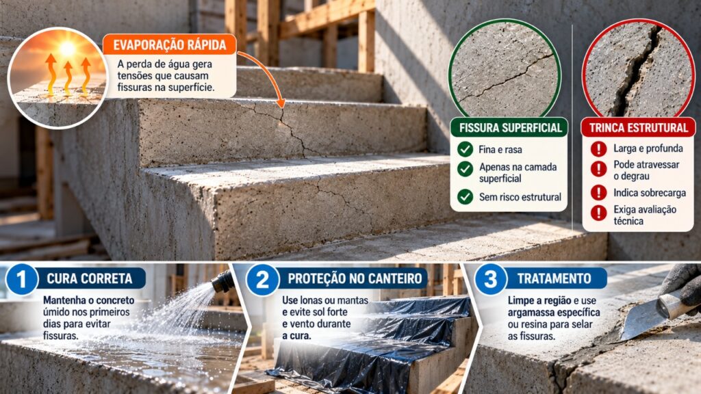 O concreto de uma escada começa a apresentar pequenas rachaduras depois da obra, mas a origem do problema pode estar em uma etapa da execução que passou despercebida