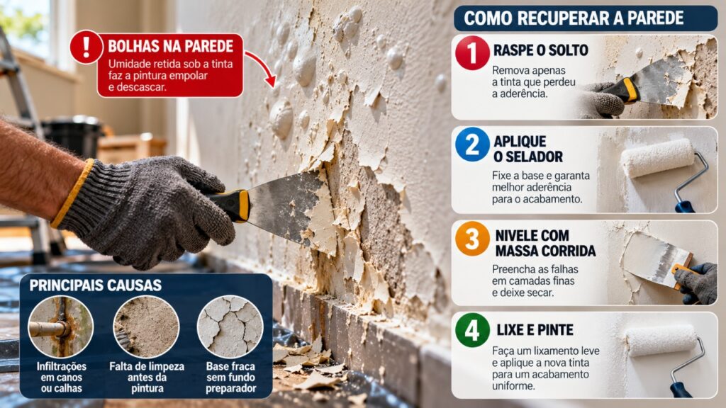 Pintor ensina como transformar uma parede manchada, com bolhas e pintura soltando em uma superfície uniforme usando uma preparação cuidadosa sem precisar remover toda a tinta antiga dos cômodos