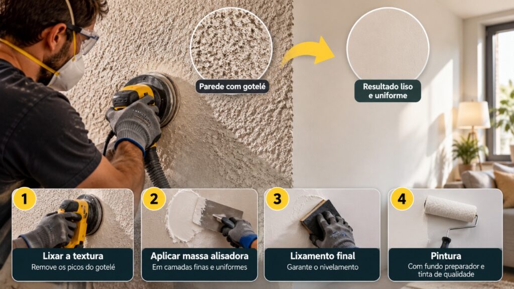 Pintores profissionais explicam como tirar o gotelé da parede usando lixamento e camadas de massa alisadora para conseguir um acabamento liso antes da pintura